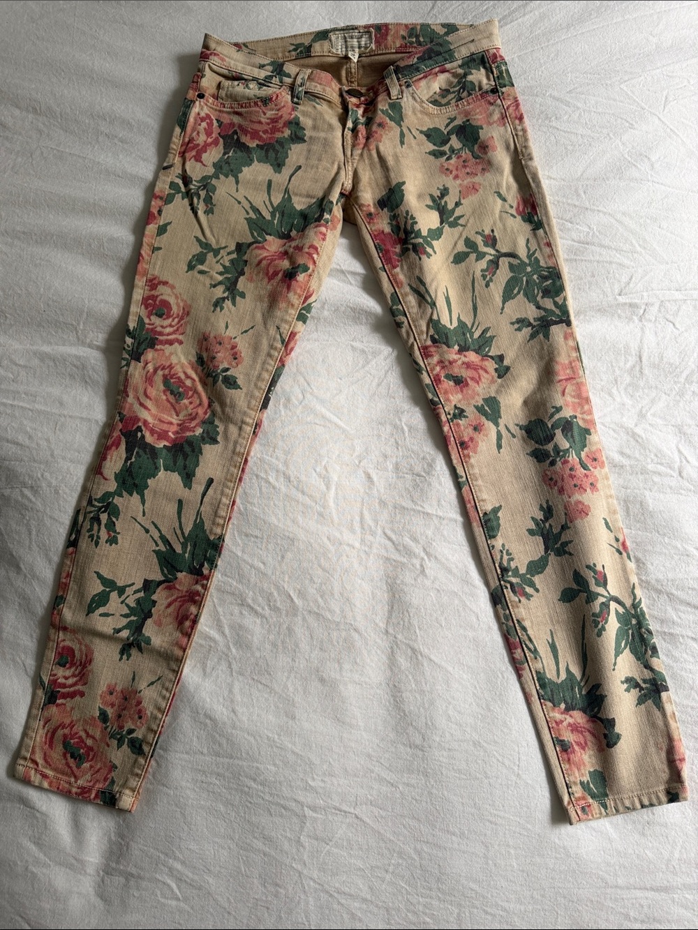 Current/Elliott Beige Floral Skinny Jeans with Pink and Green Print